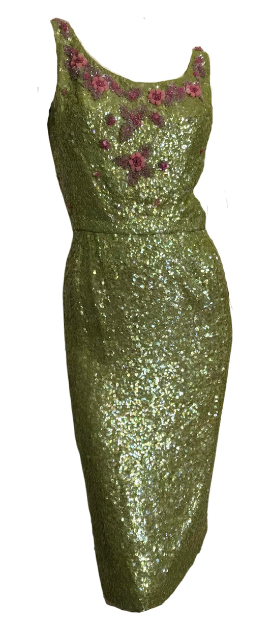 Chartreuse Glam Sequined Cocktail Dress with 3-D Pink Floral Accents circa 1960s