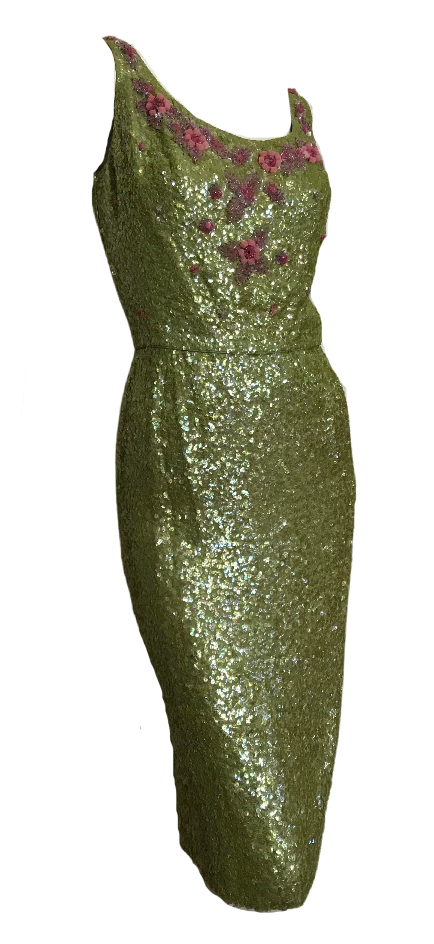 Chartreuse Glam Sequined Cocktail Dress with 3-D Pink Floral Accents circa 1960s