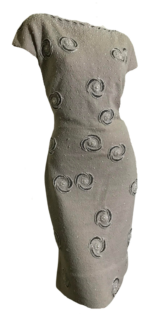 Oyster Wool Glass Beaded Cocktail Dress circa 1960s