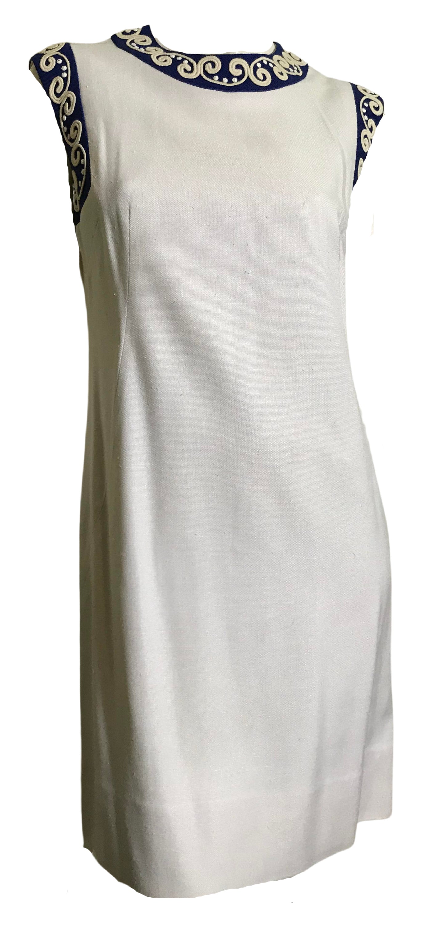 Sleeveless White Linen Weave Rayon Shift Dress with Blue and White Beaded Trim circa 1960s
