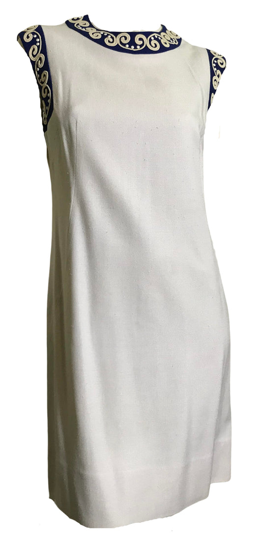 Sleeveless White Linen Weave Rayon Shift Dress with Blue and White Beaded Trim circa 1960s