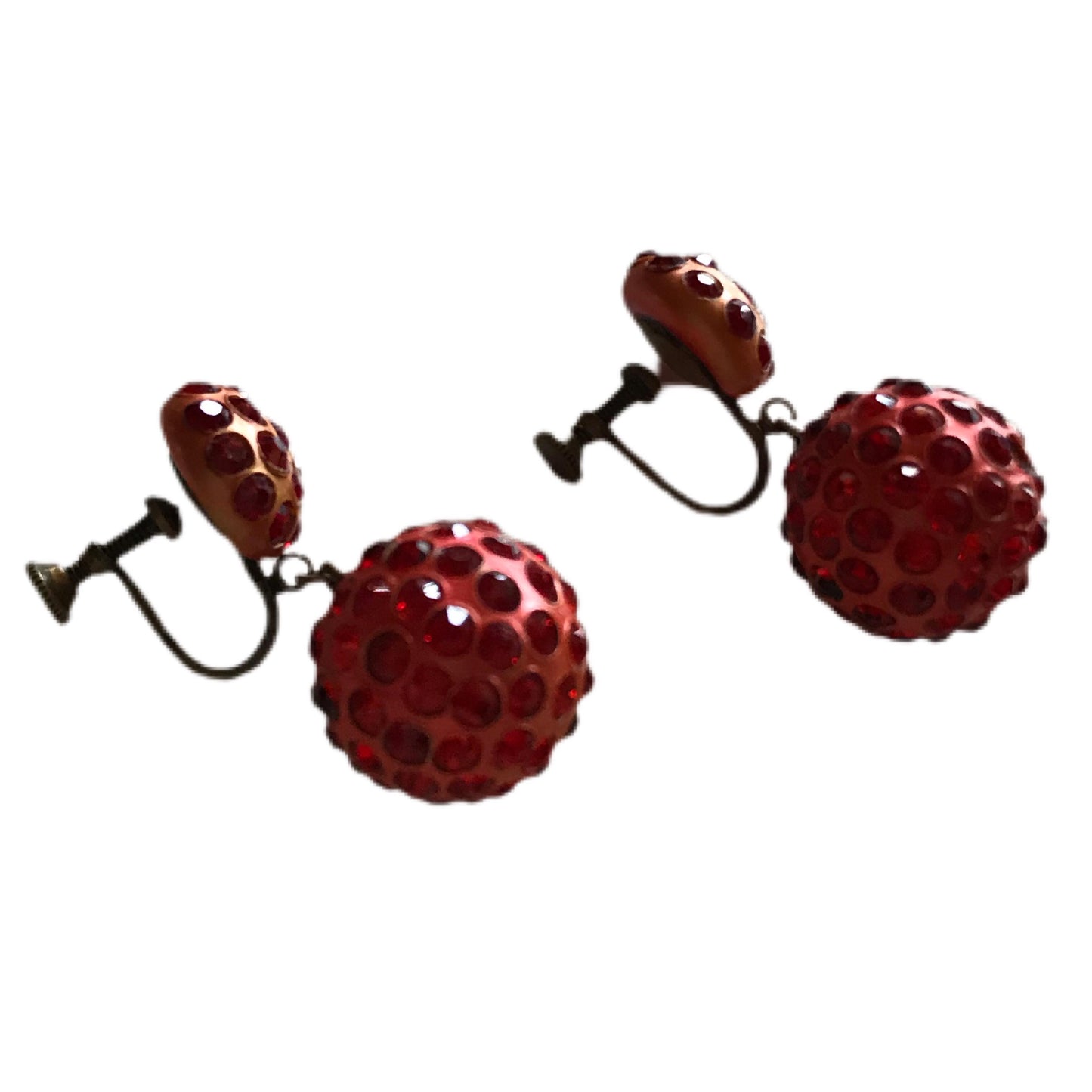 Red Rhinestone Plastic Dangling Clip Earrings circa 1940s