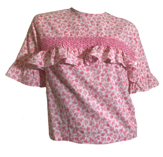 Ruffled Smocked Bodice Pink Floral Print Blouse circa 1960s
