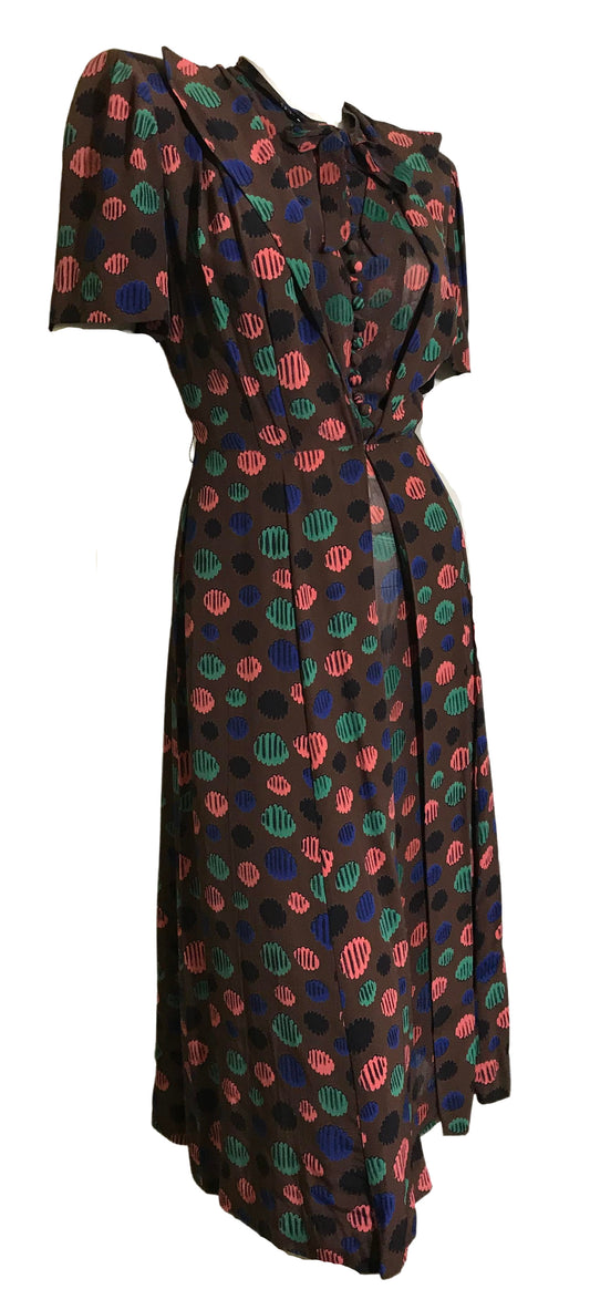 Semi-Sheer Cocoa Brown Rayon Dress and Overdress with Abstract Polka Dot Print circa 1940s