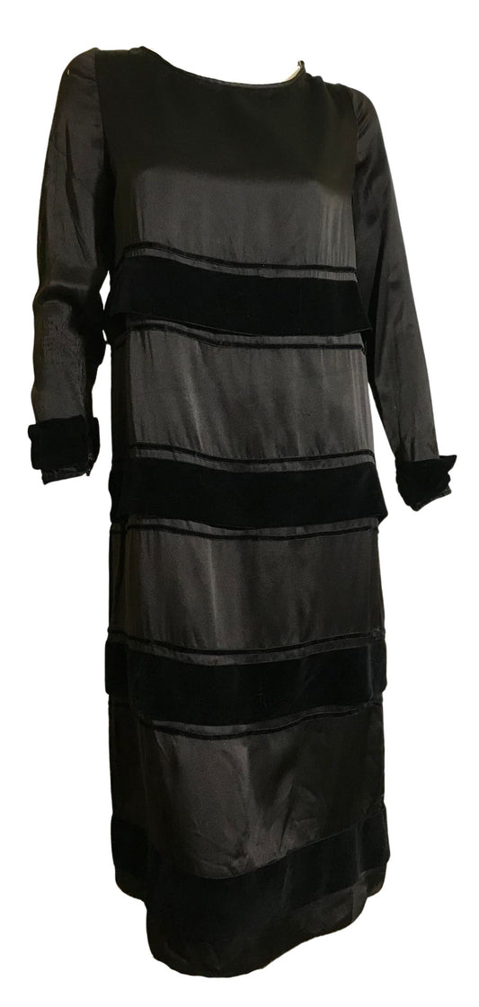 Velvet Striped Black Weighted Silk Dress circa 1920s