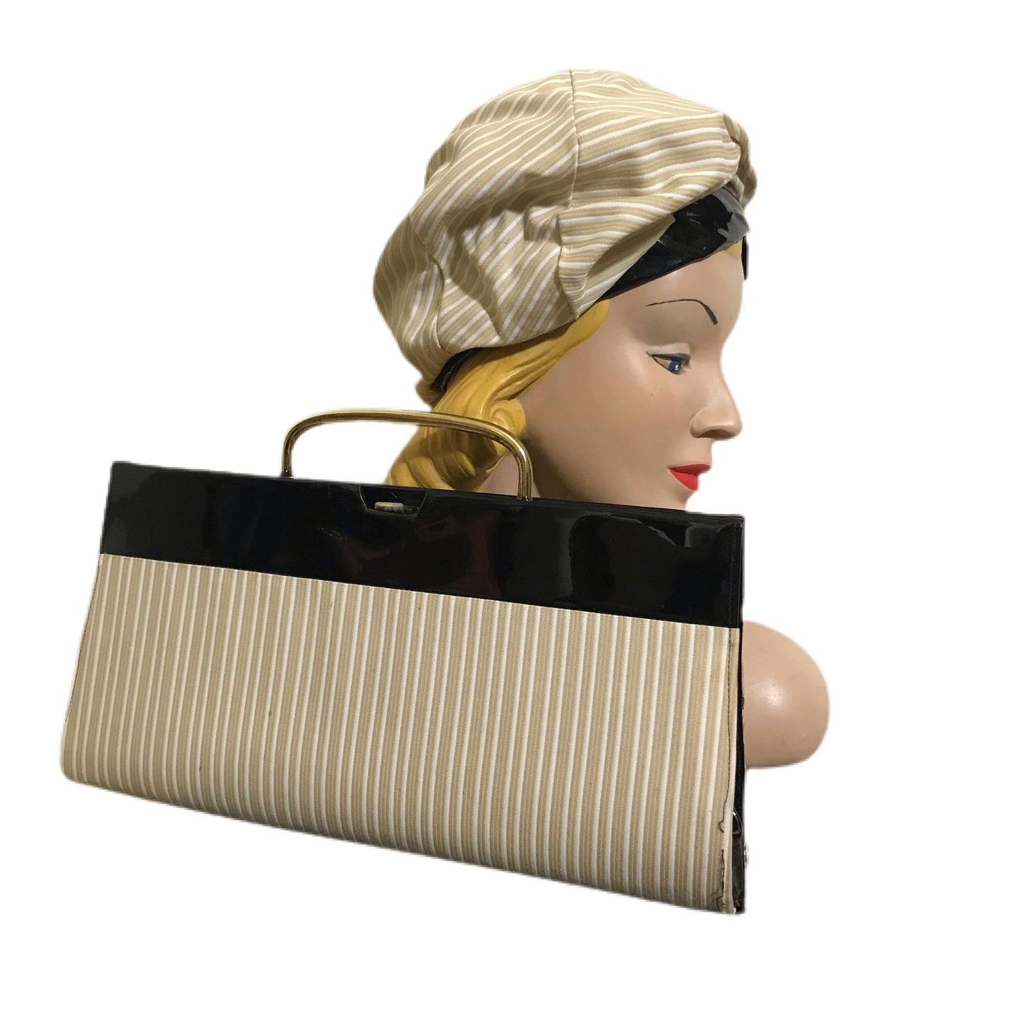 Stylish Tan and White Striped Fabric Hat and Handbag with Black Patent Vinyl Trim circa 1960s