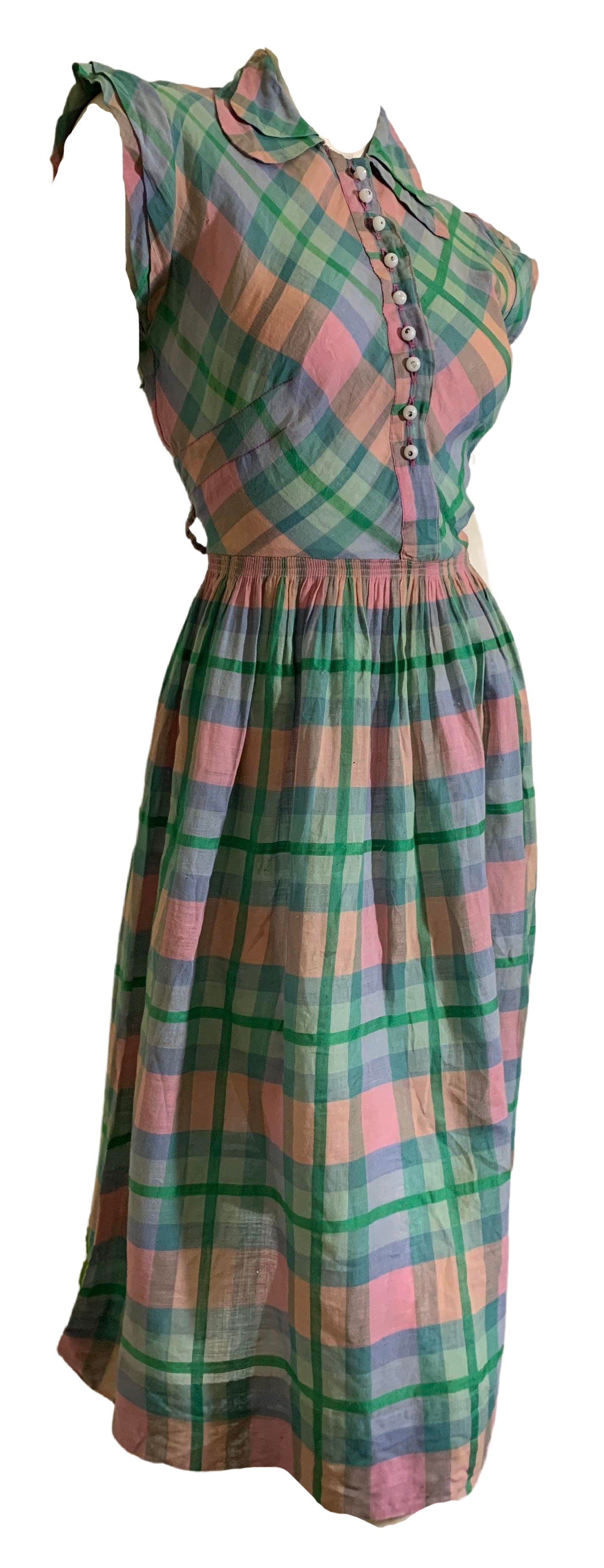 Darling Pastel Plaid Voile Cotton Day Dress circa 1940s