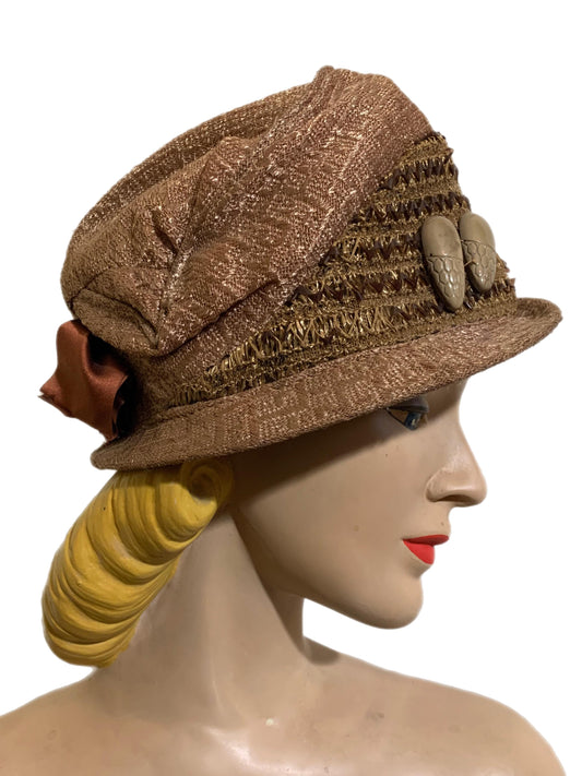 Late Teens/Early 20s Brown Ribbon and Carved Bakelite Trimmed Cloche Hat circa 1920s