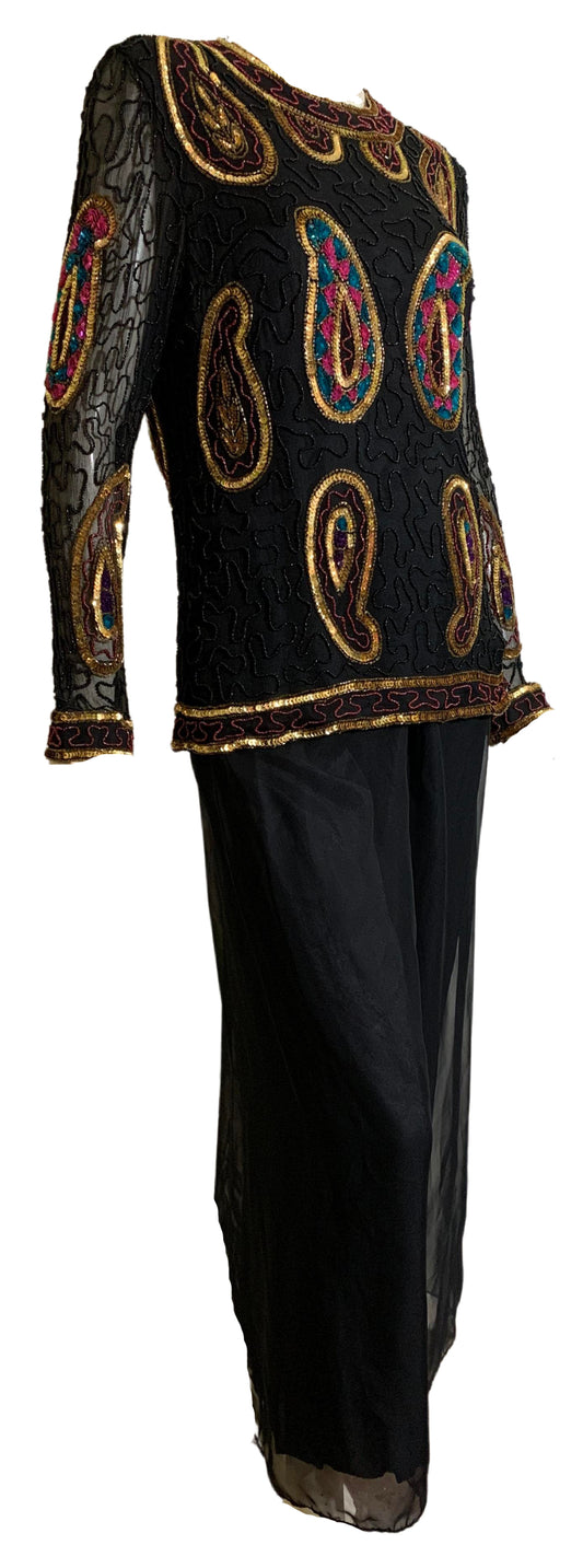 Black Sheer 1920s Style Beaded Tunic and Palazzo Pants circa 1990s