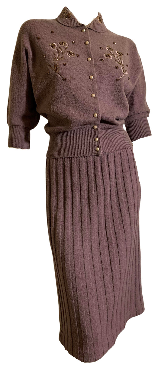 Rosy Brown Boucle Knit Wool 2 Pc Dress Set with Beading and Embroidery circa 1940s
