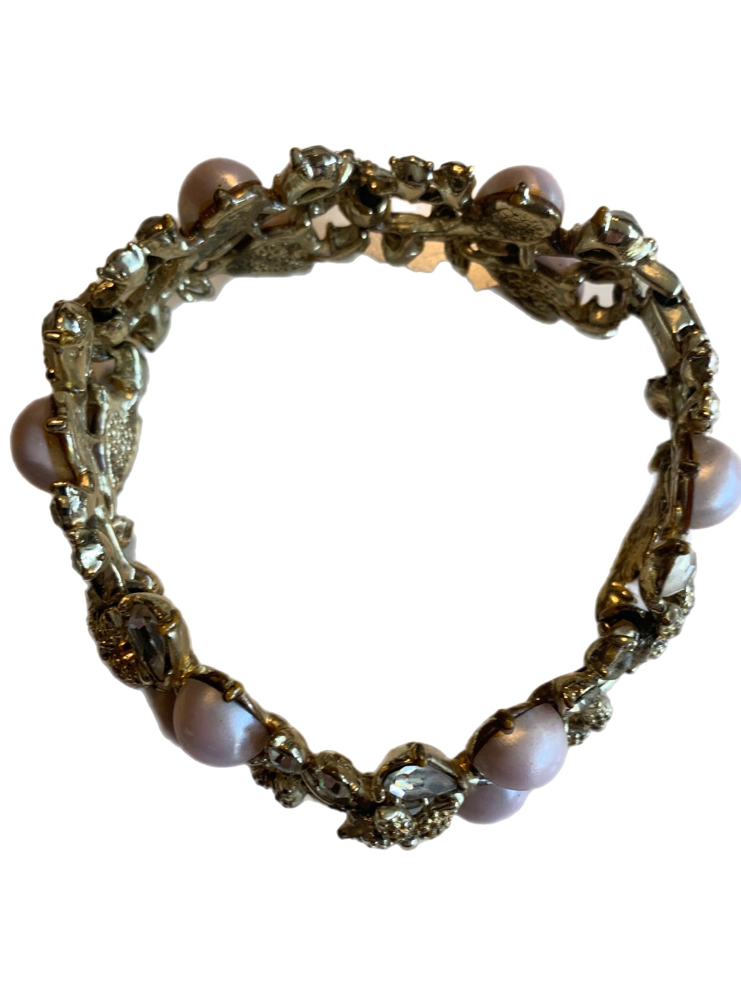 Shell Pink Thermoset Plastic and Rhinestone Floral Design Bracelet circa 1950s