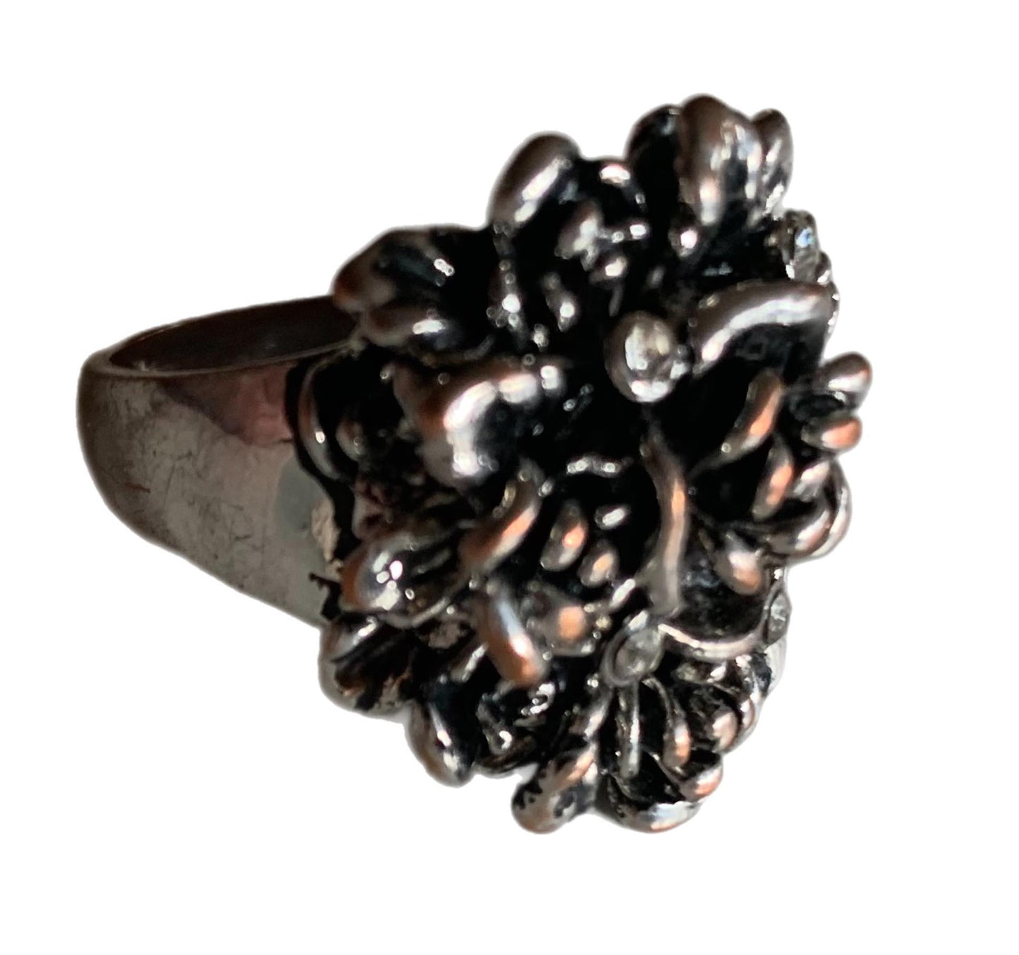Silver Tone Rose Ring with Rhinestones circa 1970s 9.5