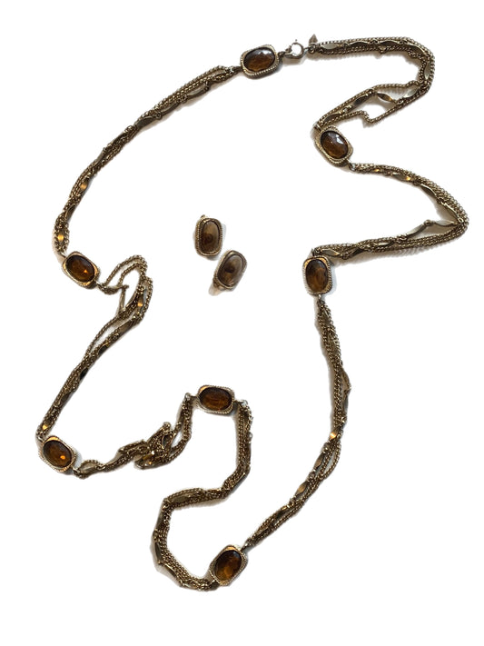 Golden Embers Honey Golden Chain Long Necklace and Earrings with Beveled Honey Glass Demi Set circa 1960s