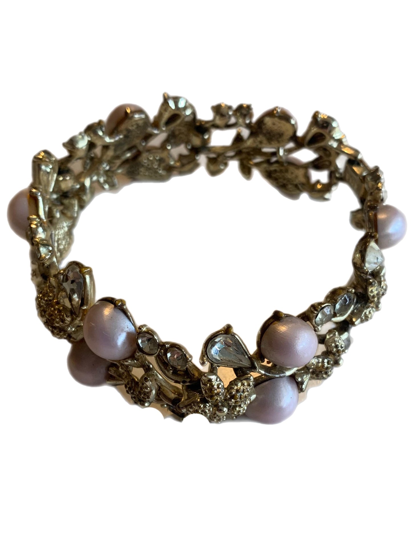 Shell Pink Thermoset Plastic and Rhinestone Floral Design Bracelet circa 1950s