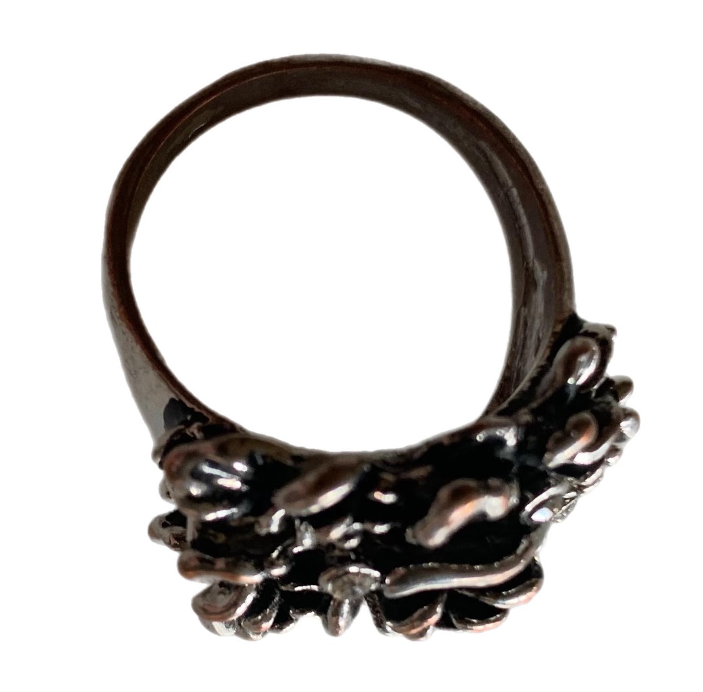 Silver Tone Rose Ring with Rhinestones circa 1970s 9.5