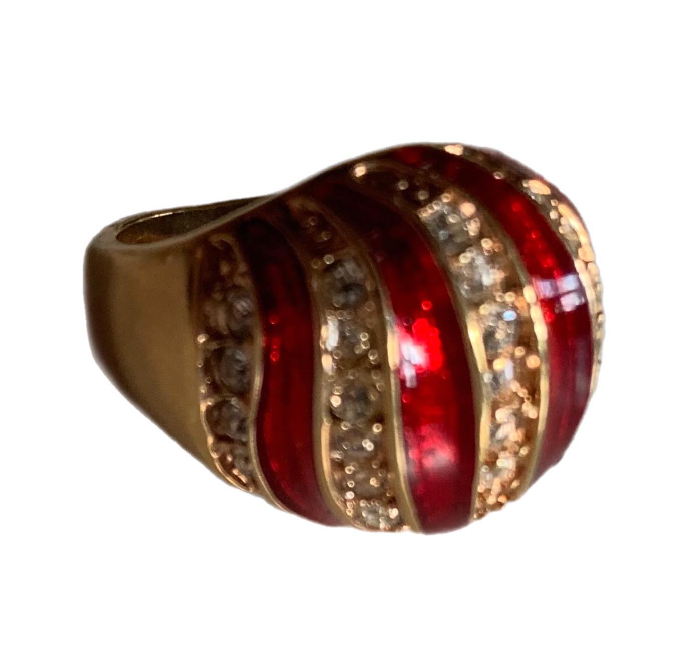 Red Enameled Rhinestone Stripe Ring circa 1980s 5