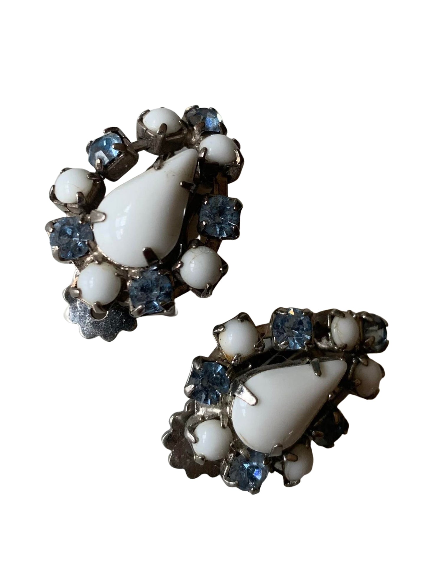Blue Rhinestone Tear Drop Clip Earrings with White Center circa 1960s
