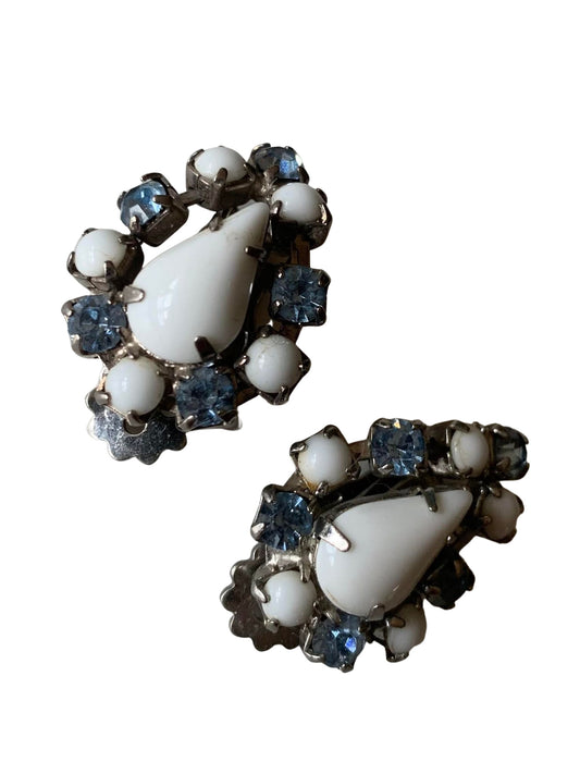 Blue Rhinestone Tear Drop Clip Earrings with White Center circa 1960s