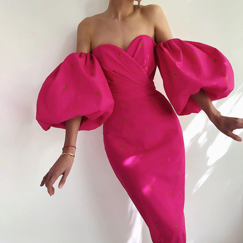 Off-Shoulder Bishop Sleeve Cocktail Dress with Strawberries 3 Colors