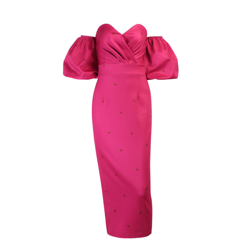Off-Shoulder Bishop Sleeve Cocktail Dress with Strawberries 3 Colors