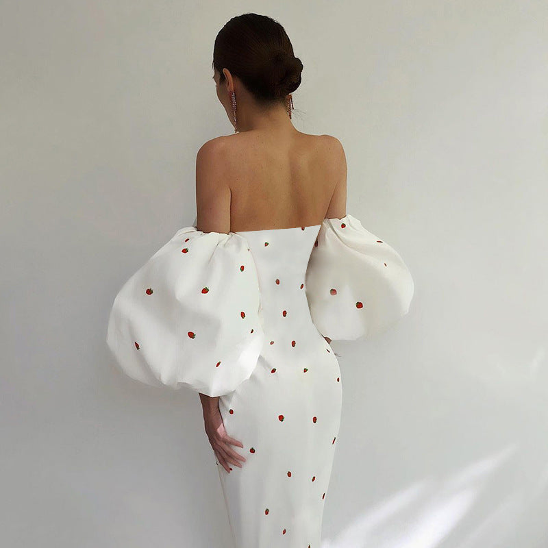 Off-Shoulder Bishop Sleeve Cocktail Dress with Strawberries 3 Colors