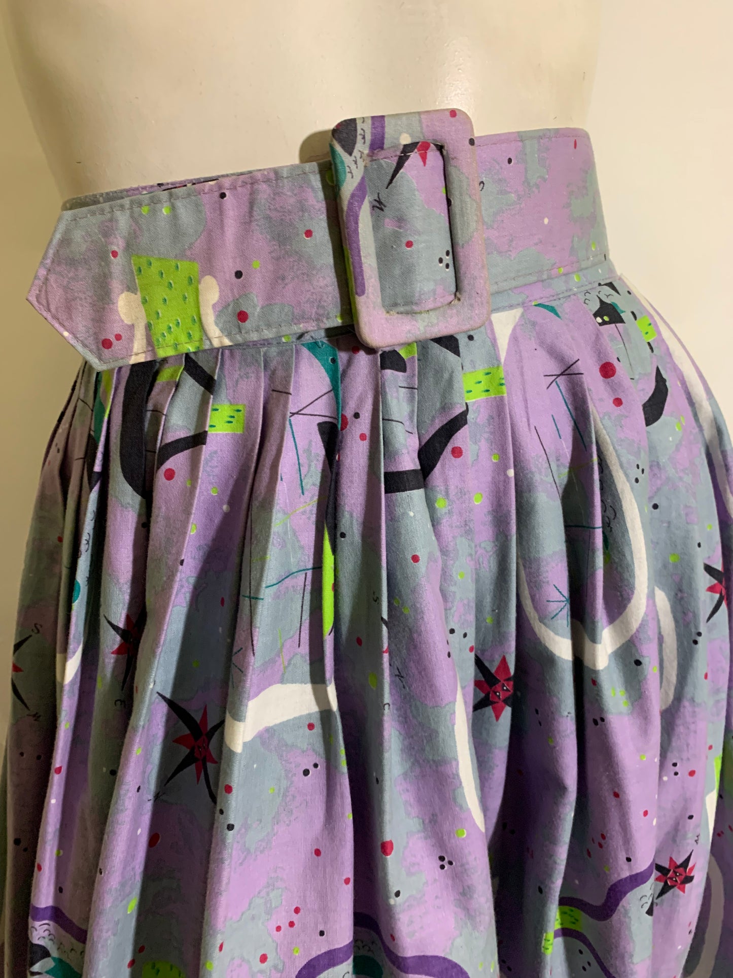 Lavender Ombre Dyed Cotton Midcentury Modern Atomic Print Full Skirt circa 1950s