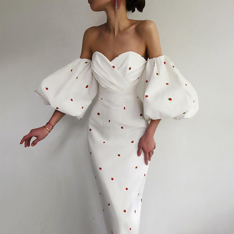 Off-Shoulder Bishop Sleeve Cocktail Dress with Strawberries 3 Colors