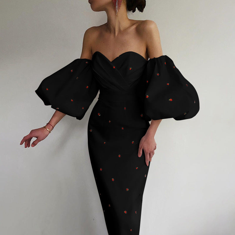 Off-Shoulder Bishop Sleeve Cocktail Dress with Strawberries 3 Colors