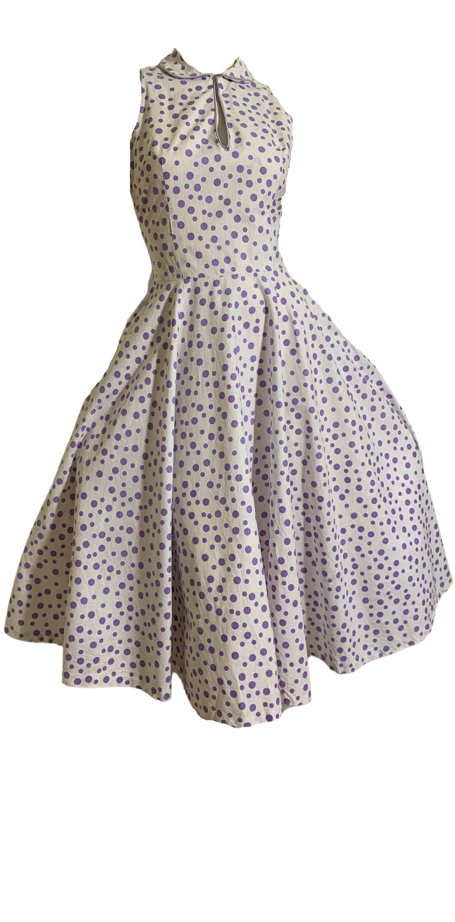 Lavender Polka Dot Sleeveless Circle Skirt Dress circa 1940s