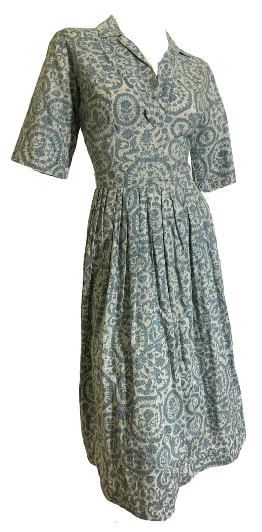 Soft Blue and Grey Medallion Print Cotton Shirt Waist Dress circa 1960s