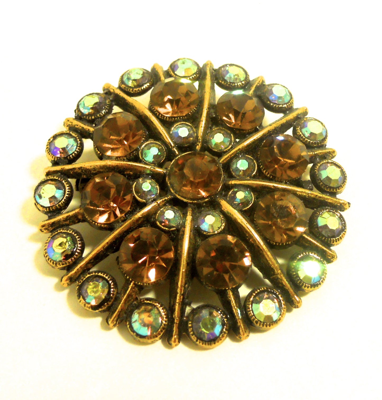 Sunburst Rhinestone 1960s Brooch w/ Topaz Hued Stones