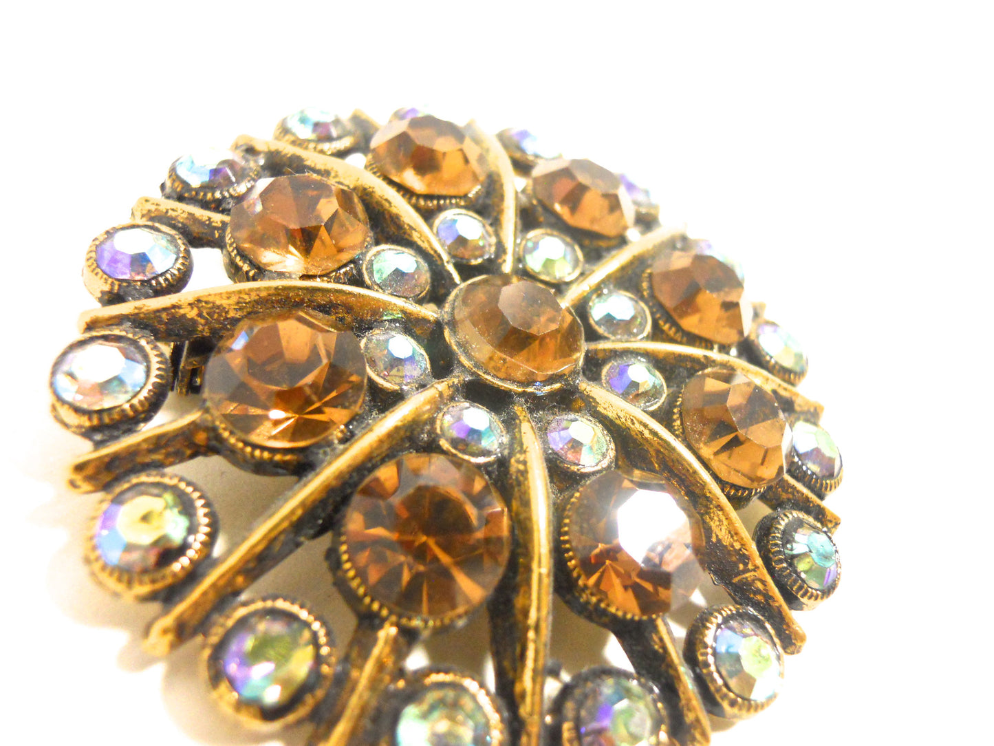Sunburst Rhinestone 1960s Brooch w/ Topaz Hued Stones
