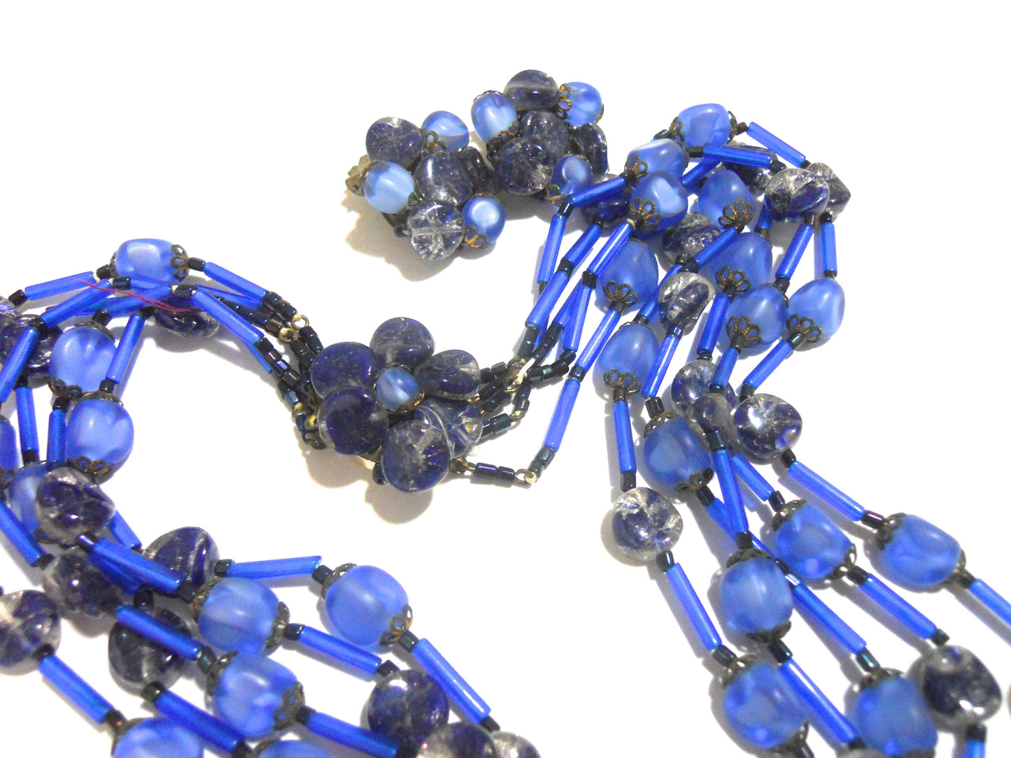 Swirled Blue Beaded Multi-Strand Necklace and Clip Earrings Demi Set circa 1960s