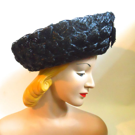 Black Glossy Wide Weave Sisal Hat with Upturned Brim and Tassel