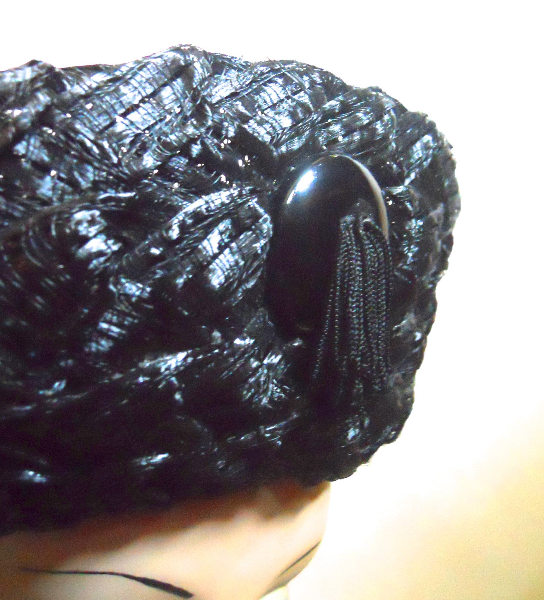 Black Glossy Wide Weave Sisal 1960s Hat with Upturned Brim and Tassel