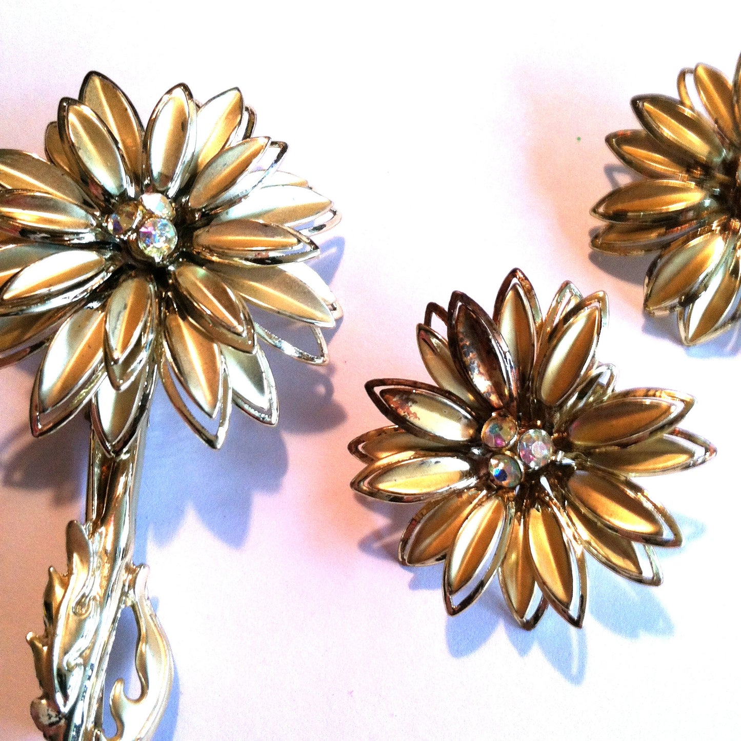 Bold Gold Flower Statement Brooch and Earrings w/ Rhinestones circa 1960s