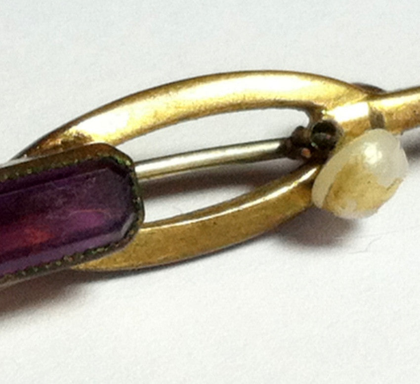 Gold and Amethyst Czech Glass and Shell Fob Sash Pin circa Early 1900s