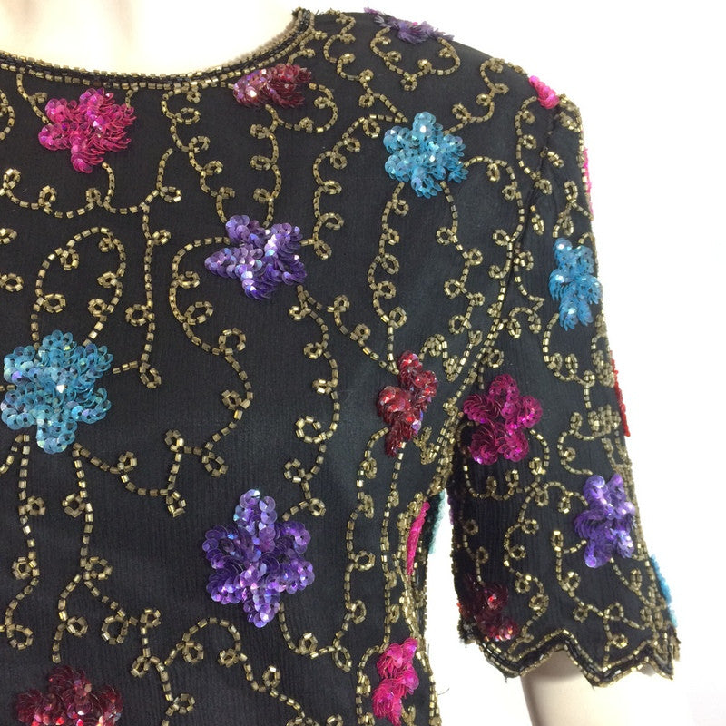 Brilliant Jeweltone Colored Sequined and Beaded Blouse circa 1980s