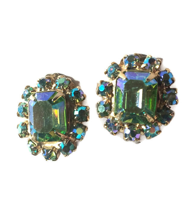 Twinkling Iridescent Aqua Aurora Borealis Rhinestone Clip Earrings circa 1960s