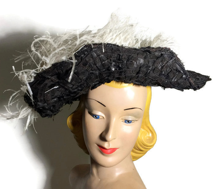 Wide Brim Black Raffia and Lace Woven Hat with Ostrich Plume circa Early 1900s