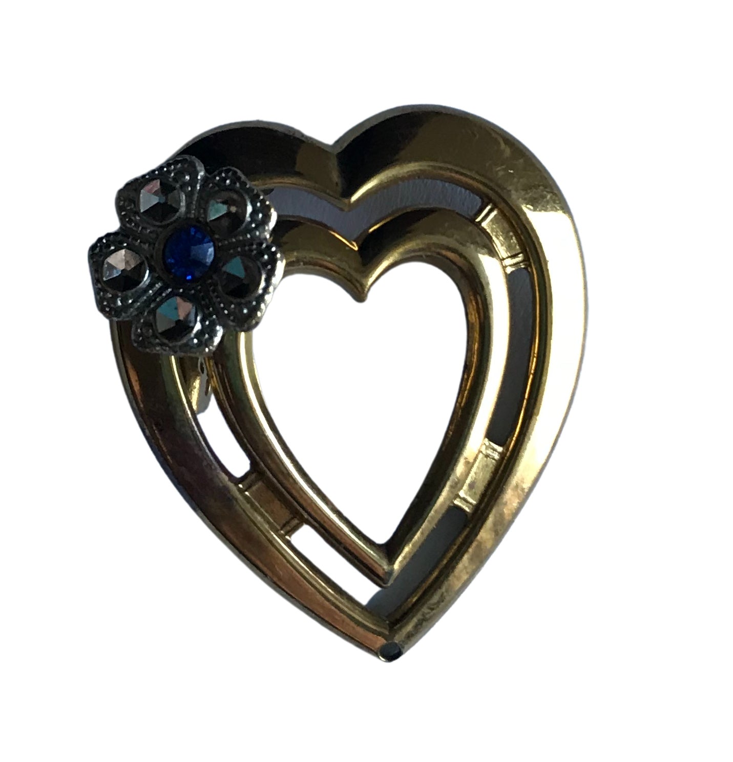 Blue and Clear Rhinestone Flower Accented Gold Tone Metal Heart Brooch circa 1950s