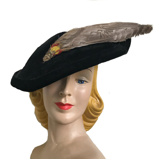 Black Velvet Curvy Platter Hat with Feather Spear circa 1940s