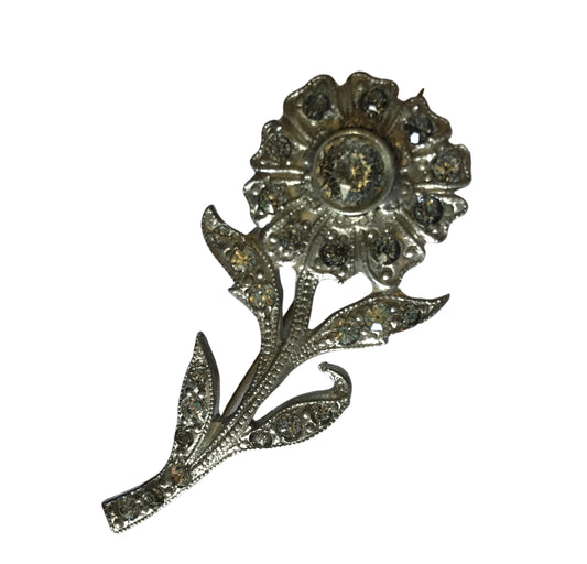 Flower on Stem Rhinestone Silver Pot Metal Brooch circa 1940s