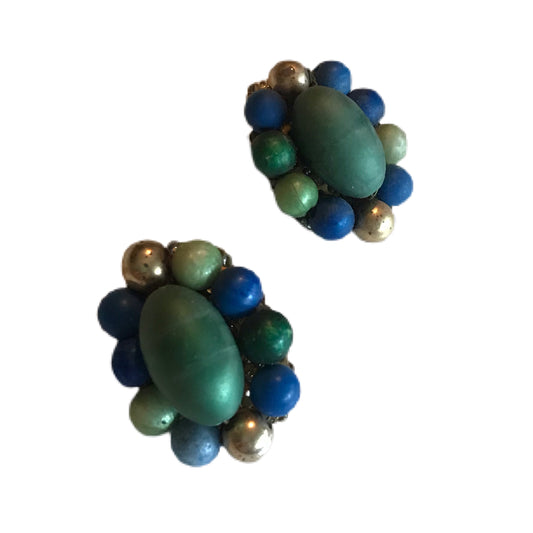 Blue Bead Cluster Clip Earrings circa 1960s