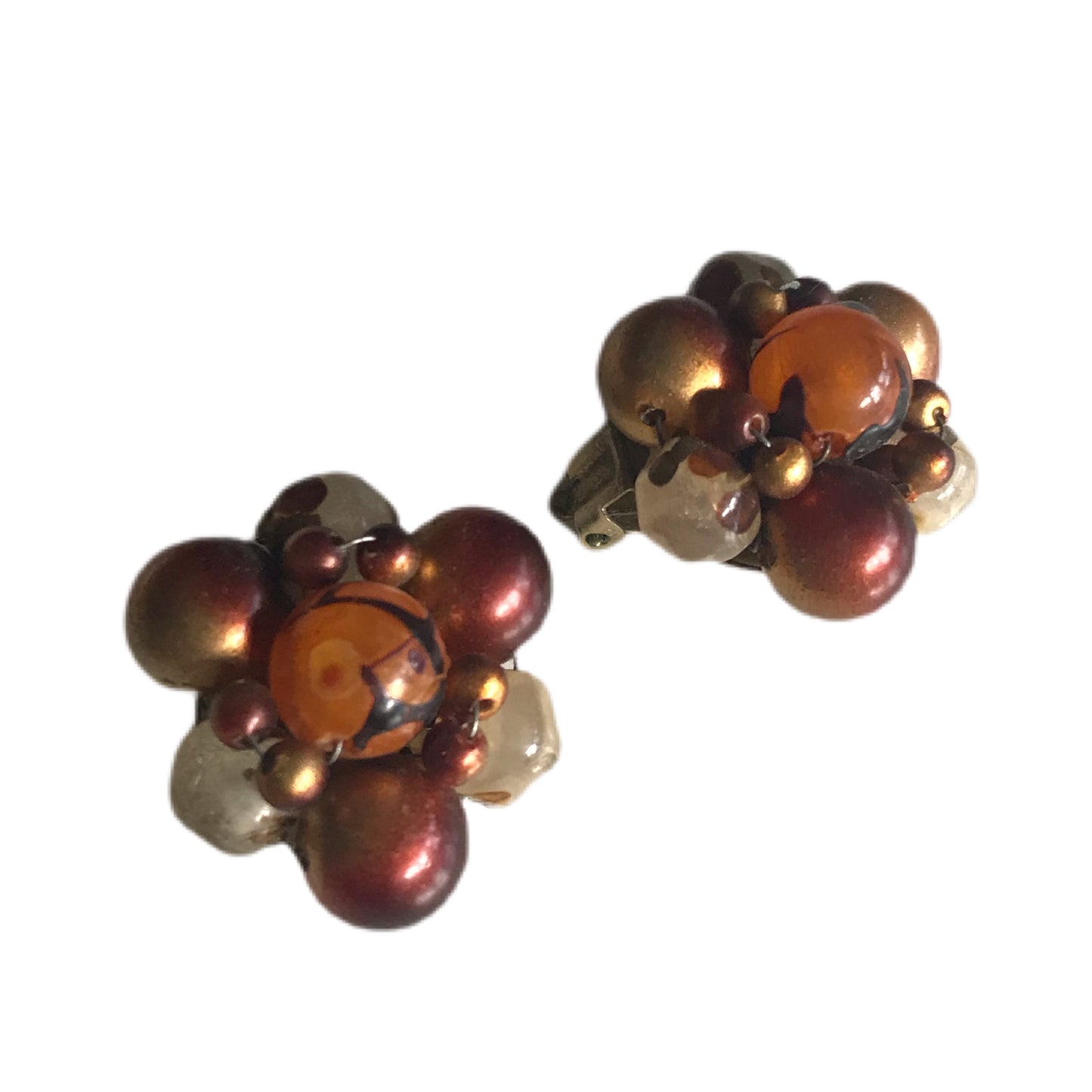 Tiger's Eye Inspired Beaded Cluster Clip Earrings circa 1960s