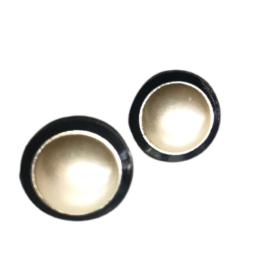 Domed Faux Pearl Clip Earrings with Black Enameled Edge circa 1960s
