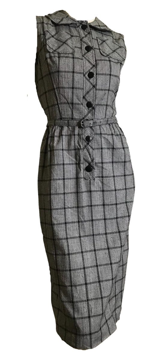 Black and White Textured Weave Cotton Sleeveless Checked Button Up Dress circa 1950s