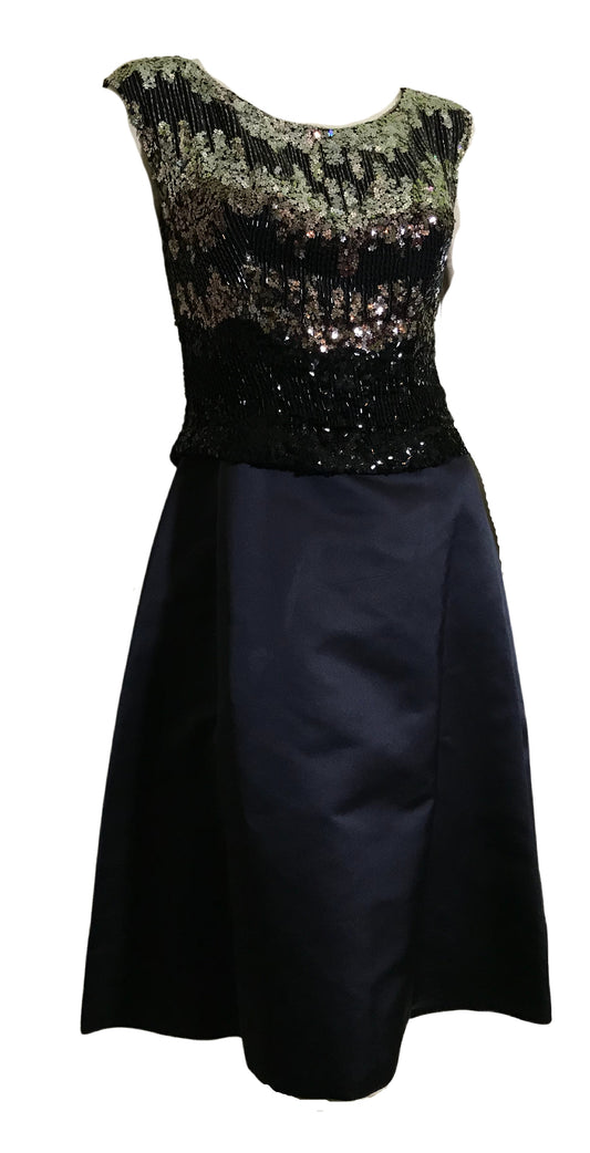 Sparkling Silver Star Sequined Bodice 3 Pc Deep Blue Silk Dress with Jacket circa 1960s