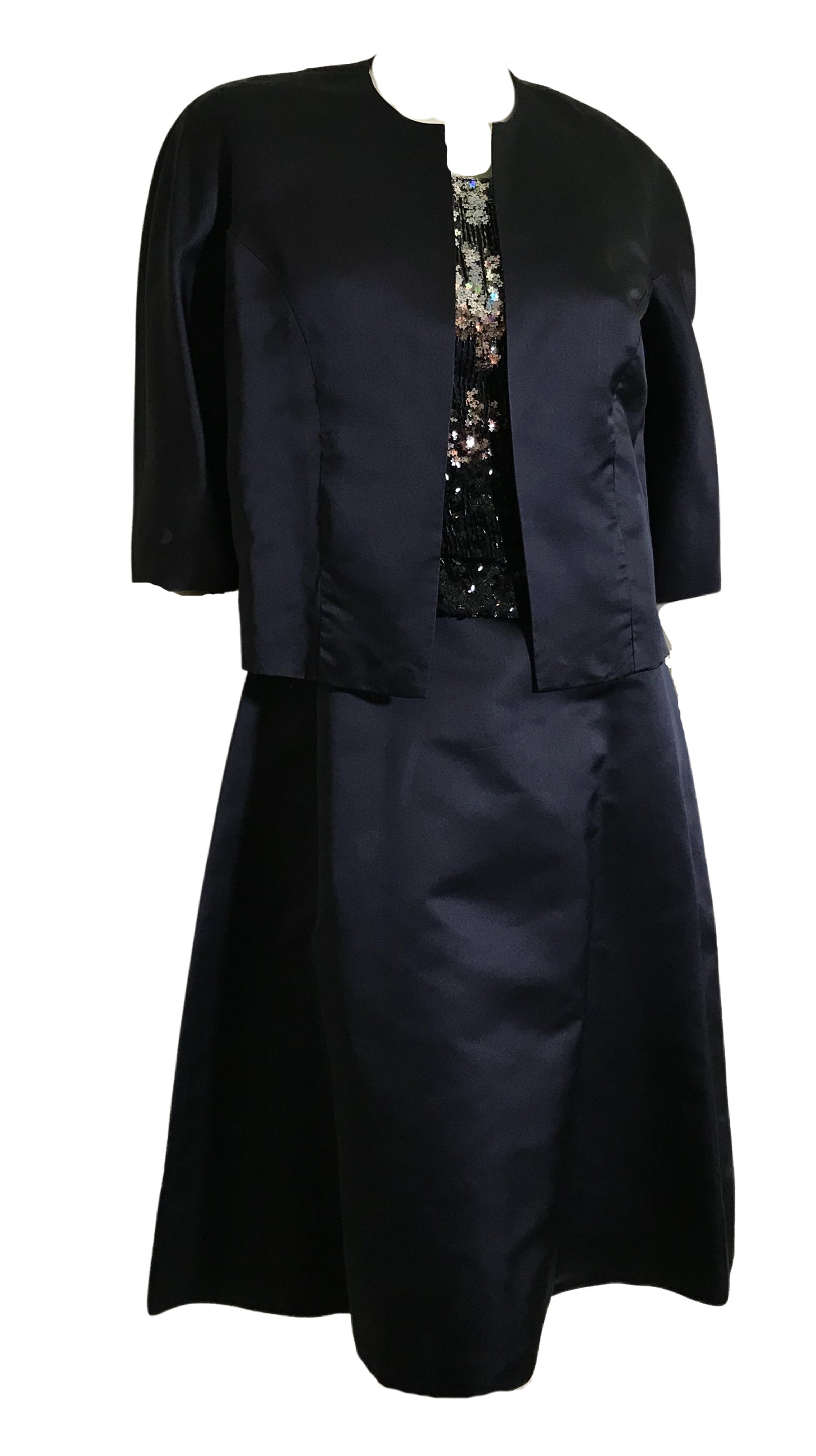 Sparkling Silver Star Sequined Bodice 3 Pc Deep Blue Silk Dress with Jacket circa 1960s