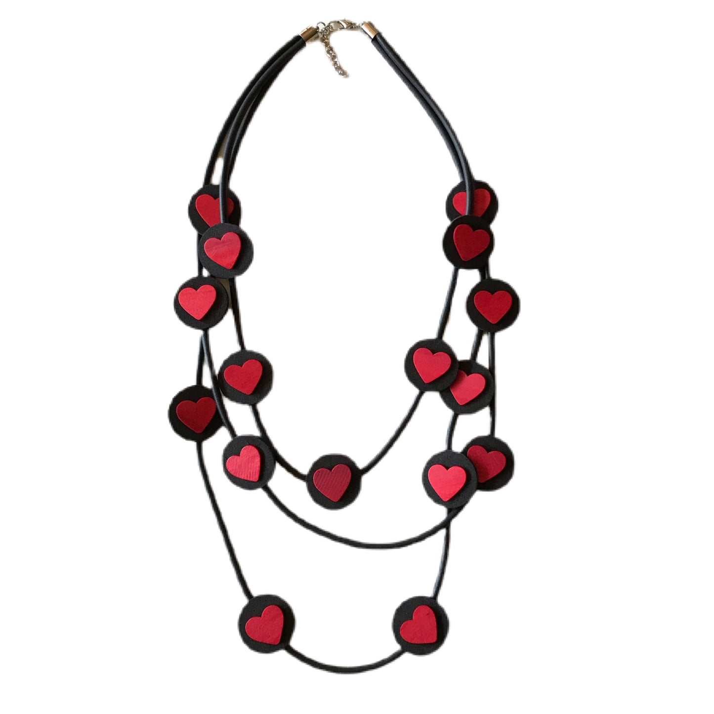 Op-Art Collection Foam Triple Strand Necklace with Red Hearts in Black Dots